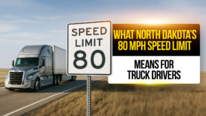Truck driving past a speed limit 80 mph sign on a rural North Dakota highway with sunset sky in the background, article about North Dakota’s new speed limit law for truck drivers.