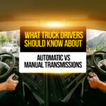 Truck driver compares automatic and manual transmissions while driving two different trucks — one in city traffic and the other on a mountain road, symbolizing the key differences between automatic and manual trucking setups.