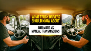 Truck driver compares automatic and manual transmissions while driving two different trucks — one in city traffic and the other on a mountain road, symbolizing the key differences between automatic and manual trucking setups.