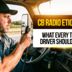 Truck driver speaking into a CB radio inside his semi-truck cab while driving down the highway, representing proper CB radio etiquette and communication for truckers.