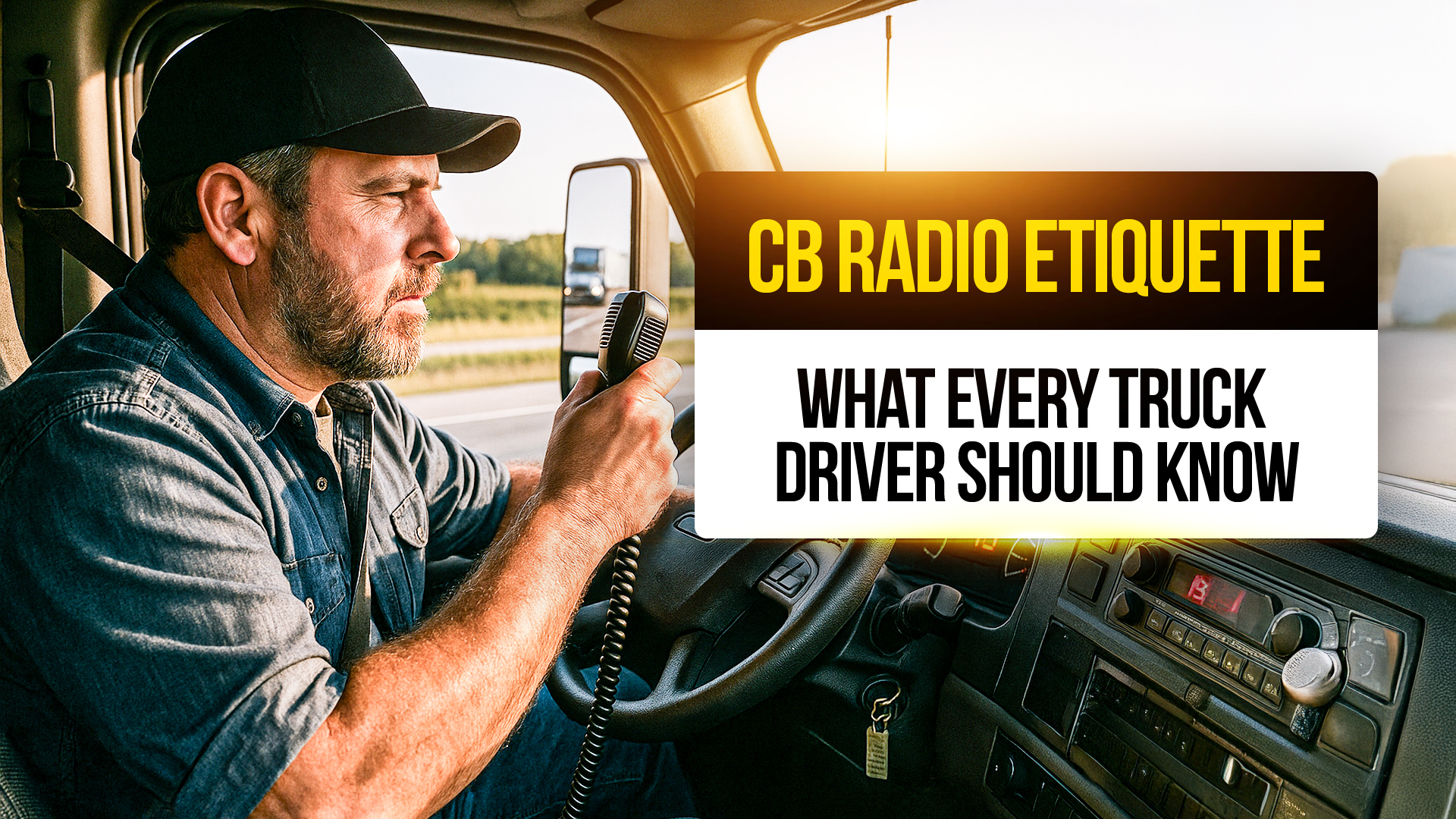 Truck driver speaking into a CB radio inside his semi-truck cab while driving down the highway, representing proper CB radio etiquette and communication for truckers.