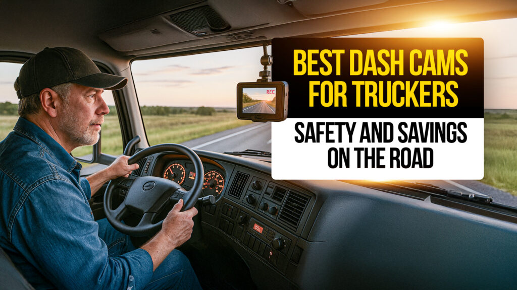 Truck driver using a dash cam while driving on a rural highway, representing the best dash cams for truckers that improve safety and reduce costs in 2025.