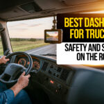Truck driver using a dash cam while driving on a rural highway, representing the best dash cams for truckers that improve safety and reduce costs in 2025.