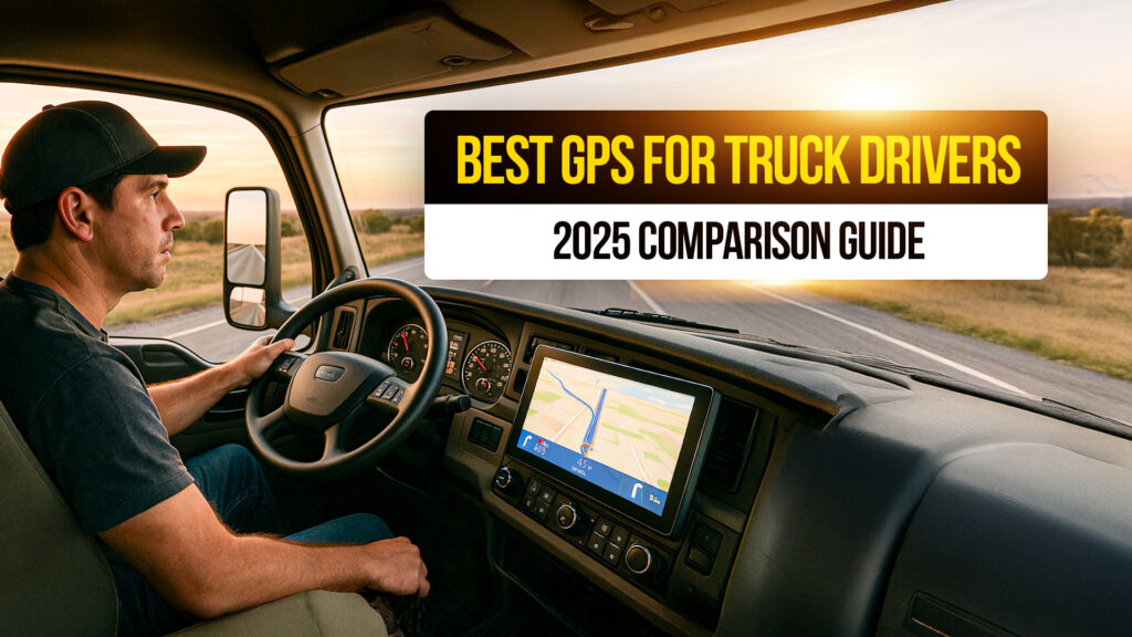 Truck driver using a GPS navigation system inside a semi-truck while driving on a rural highway at sunset, representing the best GPS devices for truck drivers in 2025.