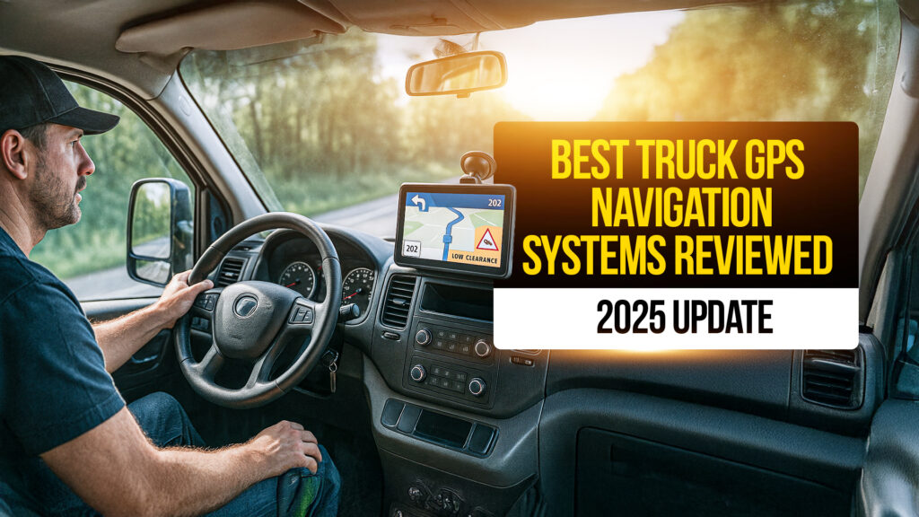 A truck driver using a GPS navigation system while driving a commercial truck at sunrise, with text overlay reading Best Truck GPS Navigation Systems Reviewed-2025 Update.