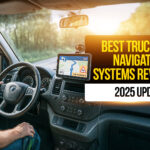 A truck driver using a GPS navigation system while driving a commercial truck at sunrise, with text overlay reading Best Truck GPS Navigation Systems Reviewed-2025 Update.