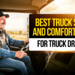Truck driver sitting comfortably in a modern truck seat while driving at sunset, illustrating best truck seats and comfort gear for CDL drivers.
