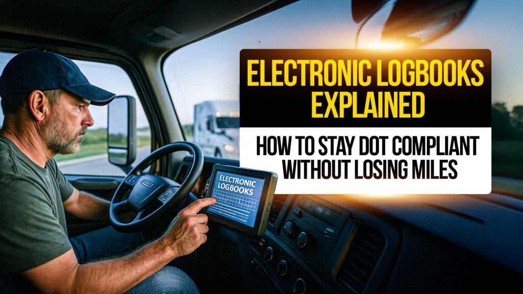 Truck driver using an electronic logbook tablet inside a semi-truck at sunrise, illustrating how to stay DOT compliant without losing drive time.