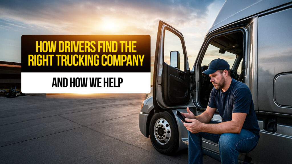 Truck driver sitting beside a semi-truck at sunset, using a smartphone to research trucking companies and job opportunities, illustrating how drivers find the right carrier.