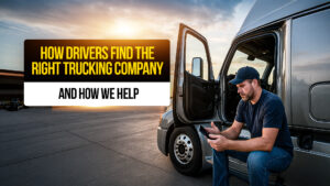 Truck driver sitting beside a semi-truck at sunset, using a smartphone to research trucking companies and job opportunities, illustrating how drivers find the right carrier.