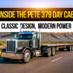 Peterbilt 379 day cab hauling a flatbed trailer on an open highway with mountains in the background, showcasing its classic design and modern power.