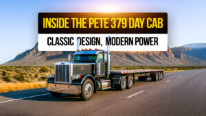 Peterbilt 379 day cab hauling a flatbed trailer on an open highway with mountains in the background, showcasing its classic design and modern power.