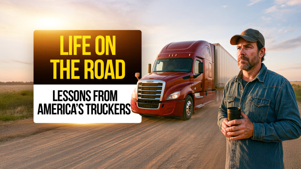 Truck driver holding coffee beside red semi truck at sunrise, life on the road and lessons from America’s truckers