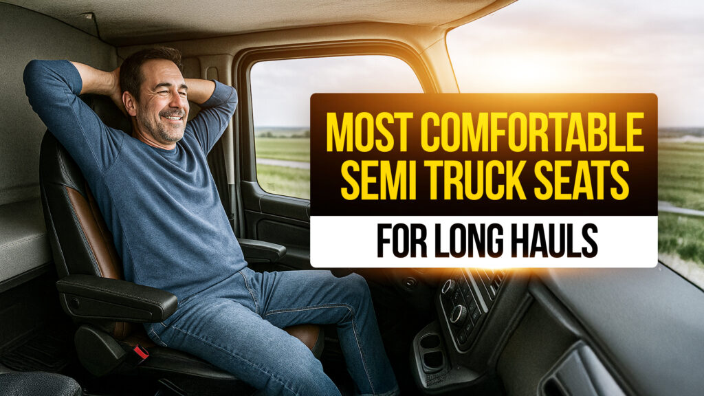Truck driver relaxing in a comfortable semi-truck seat during a long haul, showcasing ergonomic seating options for CDL drivers.
