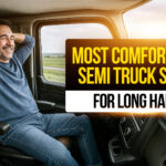 Truck driver relaxing in a comfortable semi-truck seat during a long haul, showcasing ergonomic seating options for CDL drivers.