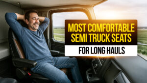 Truck driver relaxing in a comfortable semi-truck seat during a long haul, showcasing ergonomic seating options for CDL drivers.