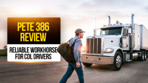 Driver walking toward a Peterbilt 386 semi-truck at sunrise - Pete 386 review for CDL drivers