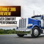 Peterbilt 386 review image, CDL truck driver standing beside blue Peterbilt 386 semi truck highlighting driver comfort, performance, and features.