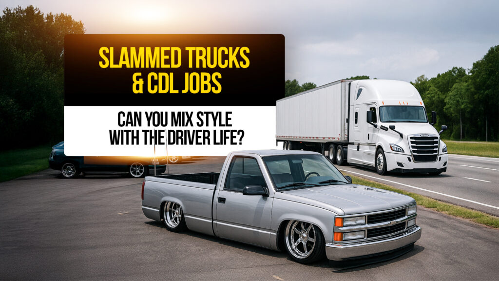 Lowered custom pickup truck parked beside a white semi-truck on a highway, representing the blend of trucking lifestyle and automotive customization for CDL drivers.