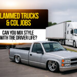 Lowered custom pickup truck parked beside a white semi-truck on a highway, representing the blend of trucking lifestyle and automotive customization for CDL drivers.