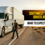 Truck driver walking beside a white semi-truck on a desert highway at sunset, representing Southwest truck driving jobs and career outlook for 2025.