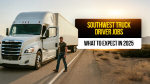 Truck driver walking beside a white semi-truck on a desert highway at sunset, representing Southwest truck driving jobs and career outlook for 2025.