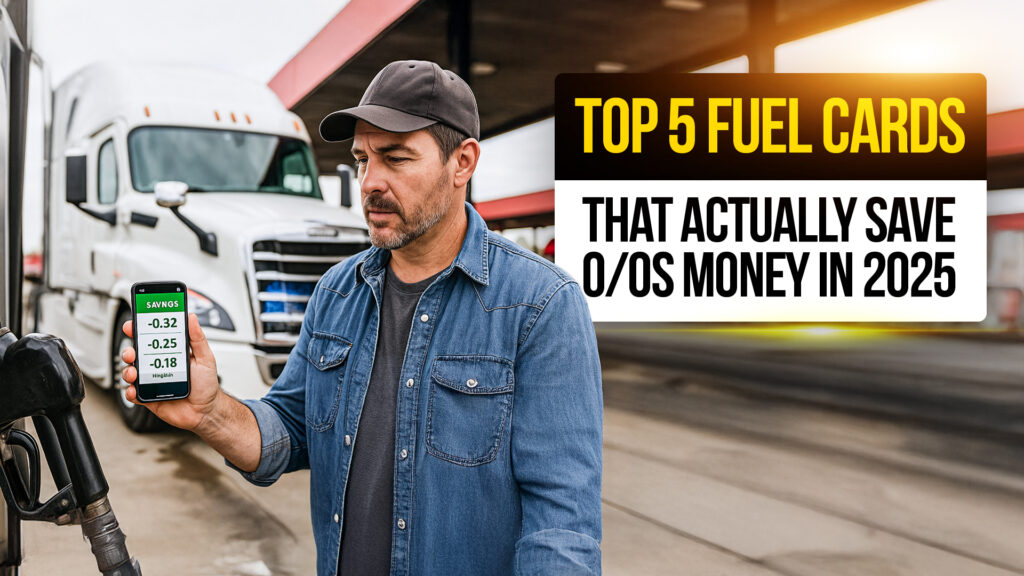 Truck driver at a fuel station holding a smartphone showing fuel savings while refueling a white semi-truck, representing the best fuel cards for owner-operators in 2025.