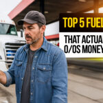 Truck driver at a fuel station holding a smartphone showing fuel savings while refueling a white semi-truck, representing the best fuel cards for owner-operators in 2025.