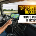 Truck driver using a GPS navigation system inside a semi-truck, evaluating the top GPS units for truckers in 2025.