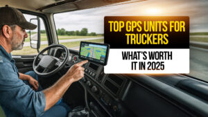 Truck driver using a GPS navigation system inside a semi-truck, evaluating the top GPS units for truckers in 2025.