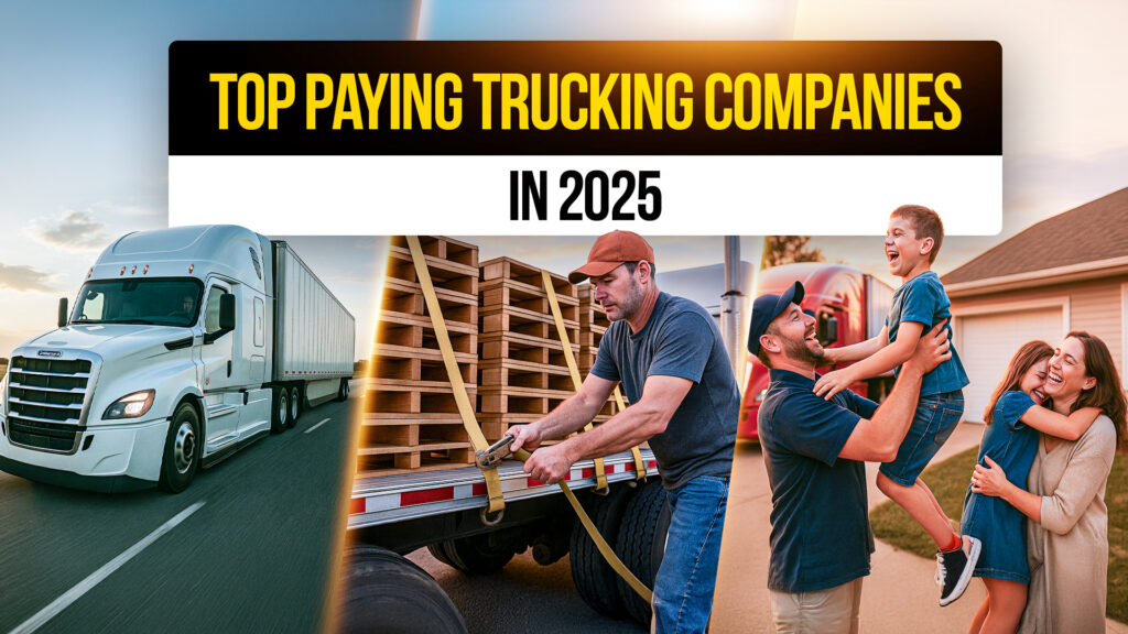 Collage showing a semi-truck on the highway, a truck driver securing cargo, and a driver spending time with family, representing top-paying trucking companies in 2025 that offer high salaries and work-life balance.