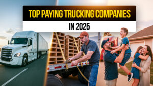 Collage showing a semi-truck on the highway, a truck driver securing cargo, and a driver spending time with family, representing top-paying trucking companies in 2025 that offer high salaries and work-life balance.