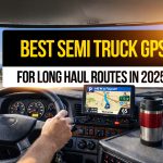 Semi truck dashboard showing a truck GPS navigation system guiding a long-haul route, with overlay text “Best Semi Truck GPS for Long Haul Routes in 2025.”