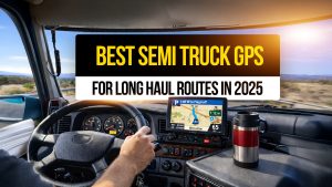 Semi truck dashboard showing a truck GPS navigation system guiding a long-haul route, with overlay text “Best Semi Truck GPS for Long Haul Routes in 2025.”