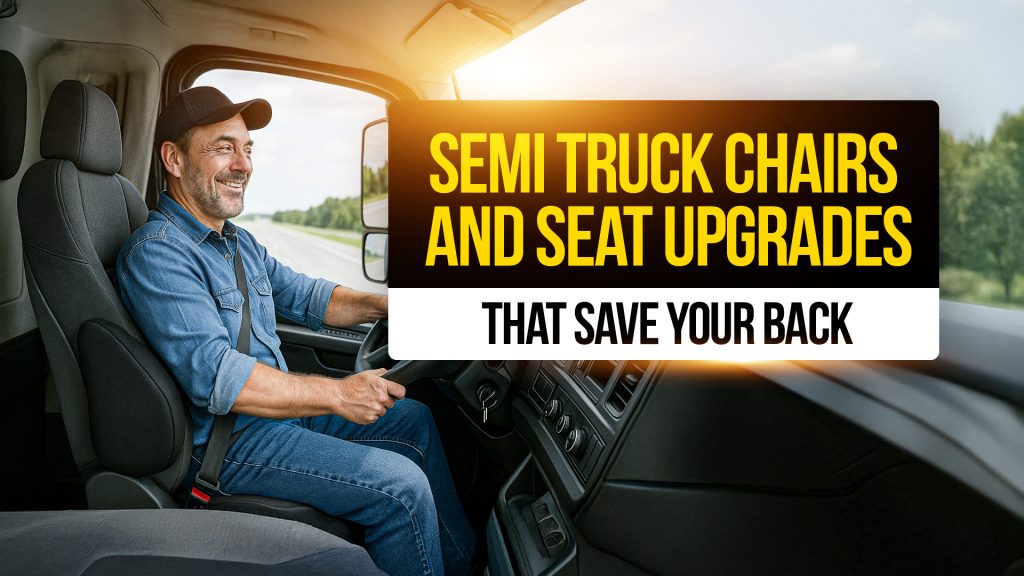 Semi-truck driver comfortably driving on an open highway while seated in an ergonomic truck seat, highlighting seat upgrades for back support, with text reading “Semi Truck Chairs and Seat Upgrades That Save Your Back.”