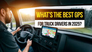 Truck driver navigating with a large GPS unit in a semi-truck during rainy weather — best GPS for truck drivers in 2025.
