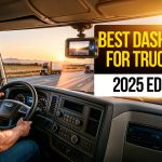 Truck driver operating a semi truck on an open highway at sunset with a windshield-mounted dash cam recording the road ahead, alongside text reading “Best Dash Cams for Truckers 2025 Edition.”