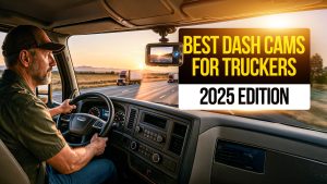 Truck driver operating a semi truck on an open highway at sunset with a windshield-mounted dash cam recording the road ahead, alongside text reading “Best Dash Cams for Truckers 2025 Edition.”