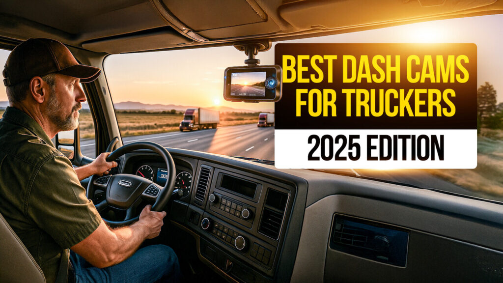Truck driver operating a semi while a dash cam records the road ahead at sunset, with text overlay reading ‘Best Dash Cams for Truckers - 2025 Edition.