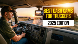Truck driver operating a semi while a dash cam records the road ahead at sunset, with text overlay reading ‘Best Dash Cams for Truckers - 2025 Edition.