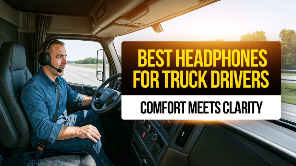 Truck driver using a comfortable over-ear Bluetooth headset with a boom mic while driving a semi-truck, illustrating top headphone options for truck drivers.