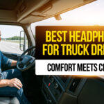Truck driver using a comfortable over-ear Bluetooth headset with a boom mic while driving a semi-truck, illustrating top headphone options for truck drivers.