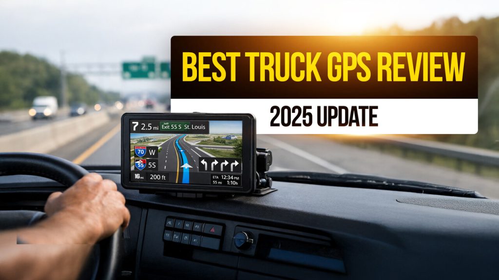 Truck GPS navigation unit mounted on a dashboard displaying highway routing, with overlay text “Best Truck GPS Review 2025 Update,” highlighting truck-specific GPS features.