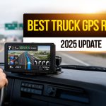 Truck GPS navigation unit mounted on a dashboard displaying highway routing, with overlay text “Best Truck GPS Review 2025 Update,” highlighting truck-specific GPS features.