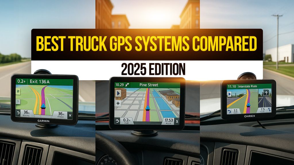 Side-by-side comparison of three truck GPS devices, Garmin, Ohrex, and a mid-range model, mounted inside truck cabs, each showing navigation maps, with the title “Best Truck GPS Systems Compared 2025 Edition.”