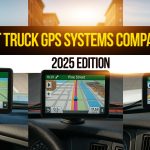 Side-by-side comparison of three truck GPS devices, Garmin, Ohrex, and a mid-range model, mounted inside truck cabs, each showing navigation maps, with the title “Best Truck GPS Systems Compared 2025 Edition.”