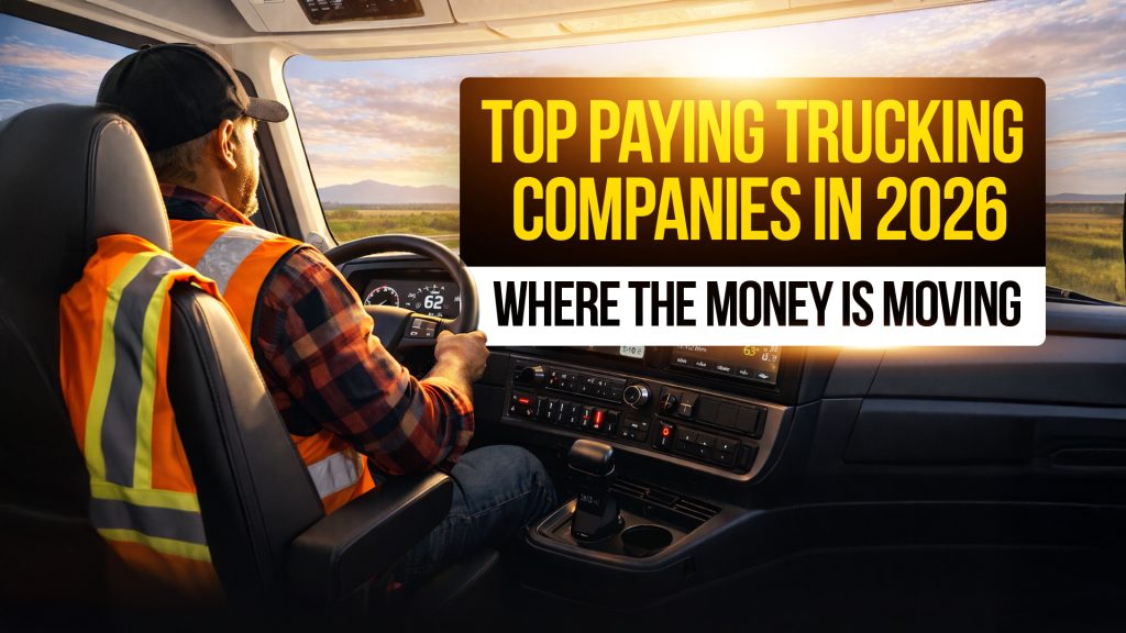 Truck driver inside a semi truck at sunset with text highlighting top paying trucking companies in 2026 and where the money is moving.