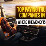 Truck driver inside a semi truck at sunset with text highlighting top paying trucking companies in 2026 and where the money is moving.