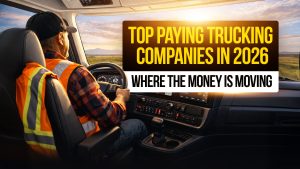 Truck driver inside a semi truck at sunset with text highlighting top paying trucking companies in 2026 and where the money is moving.