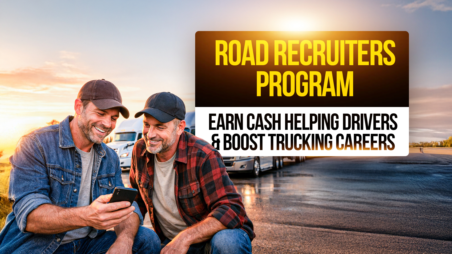 Truck drivers reviewing a smartphone at a truck stop with text promoting the Road Recruiters Program and earning cash by helping other drivers.